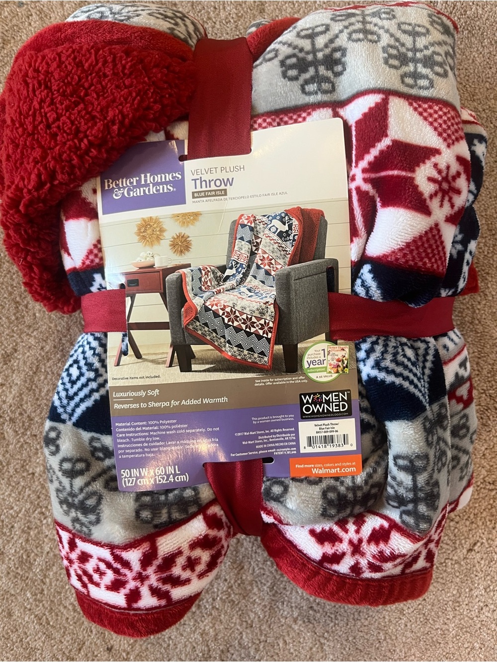 Better Homes And Gardens Red, White and Navy Velvet Plush Throw